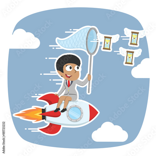 African businesswoman on rocket chasing flying ideas– stock illustration photo