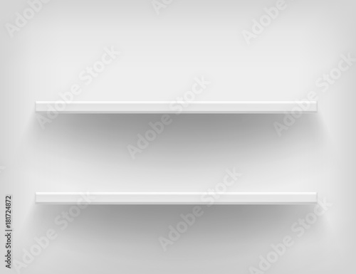 Realistic white shelves. Vector shelves on white background. Voluminous racks with a shadow. Vector illustrations of empty store stand in the supermarket, front view photo
