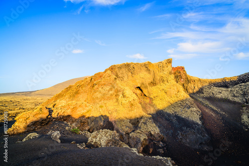 Incredible volcanic landscape in the volcano crater of El Cuervo. Lanzarote. Canary Islands. Spain