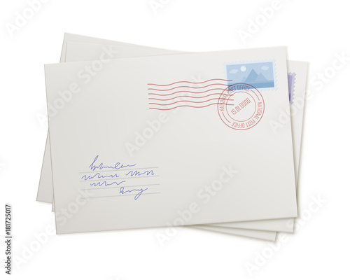Stack mail envelopes, isolated. Correspondence in the form of several letters, front view. Mail, addressee, waiting, concept. Vector illustration of several white covers