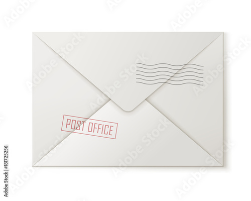 Post envelope, back, isolated. Postal closed missive with address, stamp and mark. Realistic vector illustration of letter, invitation, congratulation