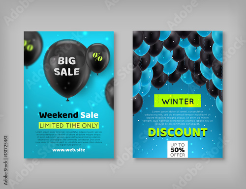 Two black friday discount coupons. Limited offer for a winter sale in the form of black balls on a blue background. Vector illustration of a pair of banners for seasonal shopping