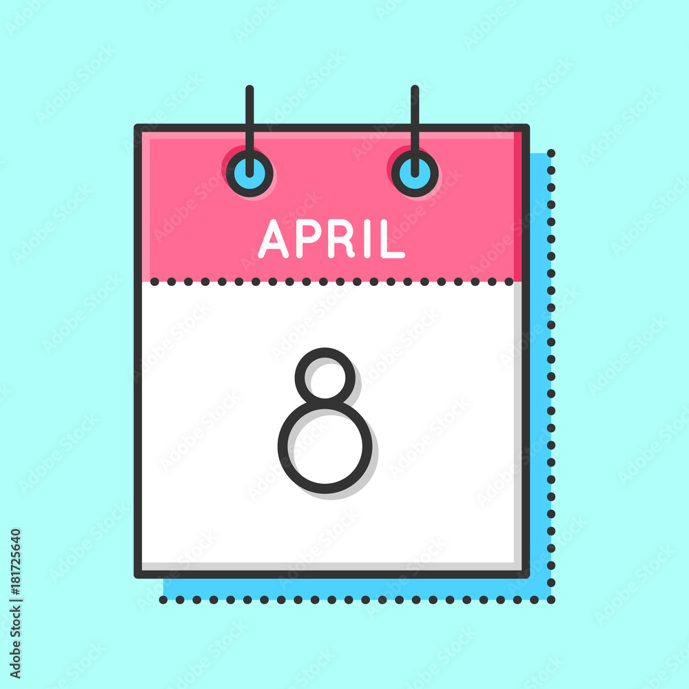 April Calendar Icon. Flat and thin line vector illustration. Spring calendar sheet on light blue background. April 8th. Festival Ugadi. International romani day April Calendar Icon. Flat and thin line vector illustration. Spring calendar sheet on light blue background. April 8th. Festival Ugadi. International romani day