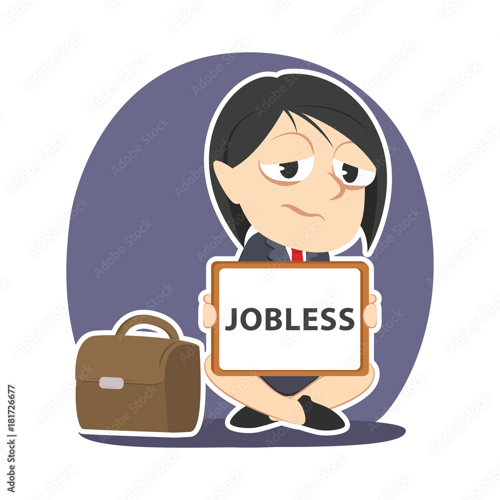 Businesswoman with jobless board sign– stock illustration