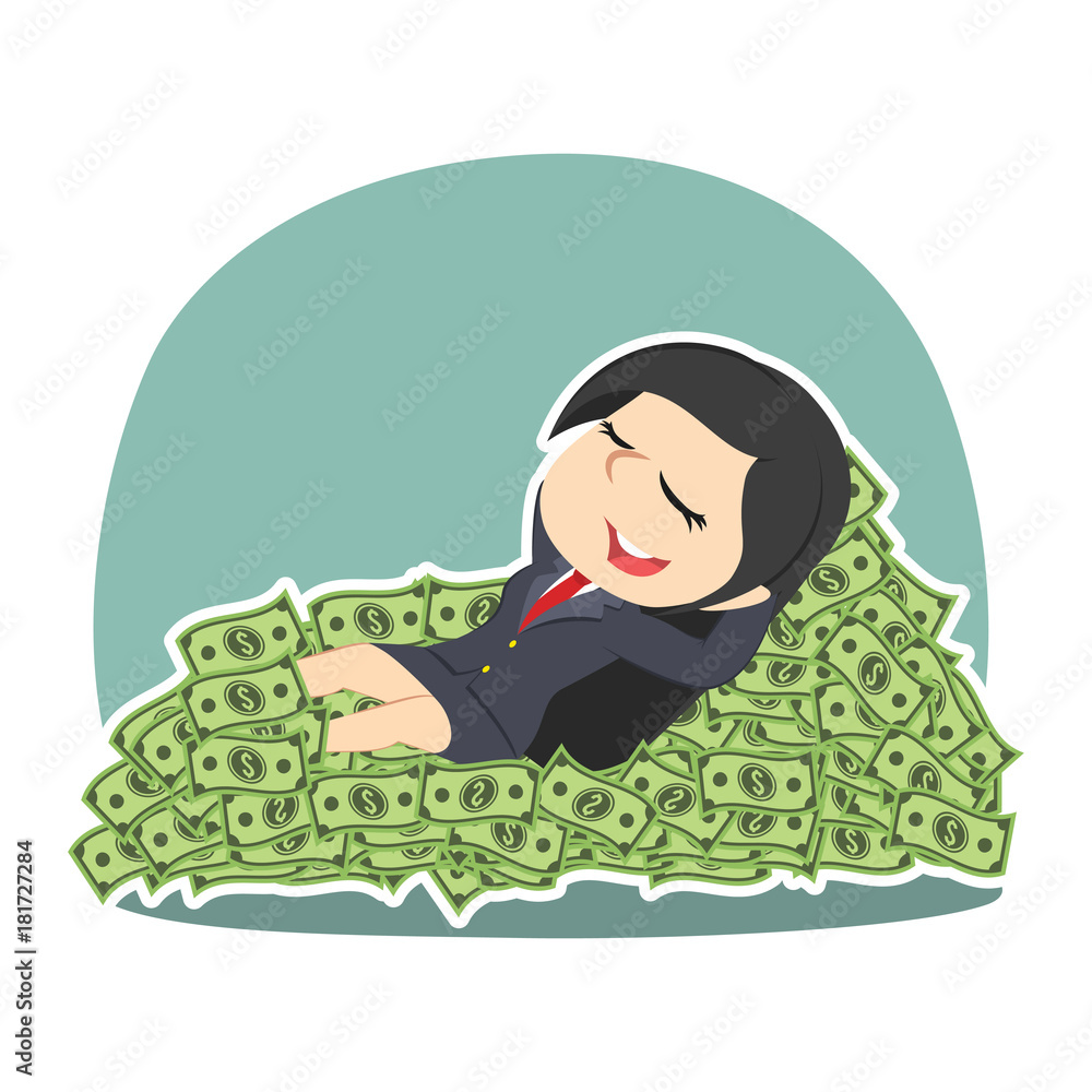 businesswoman lying on money stack