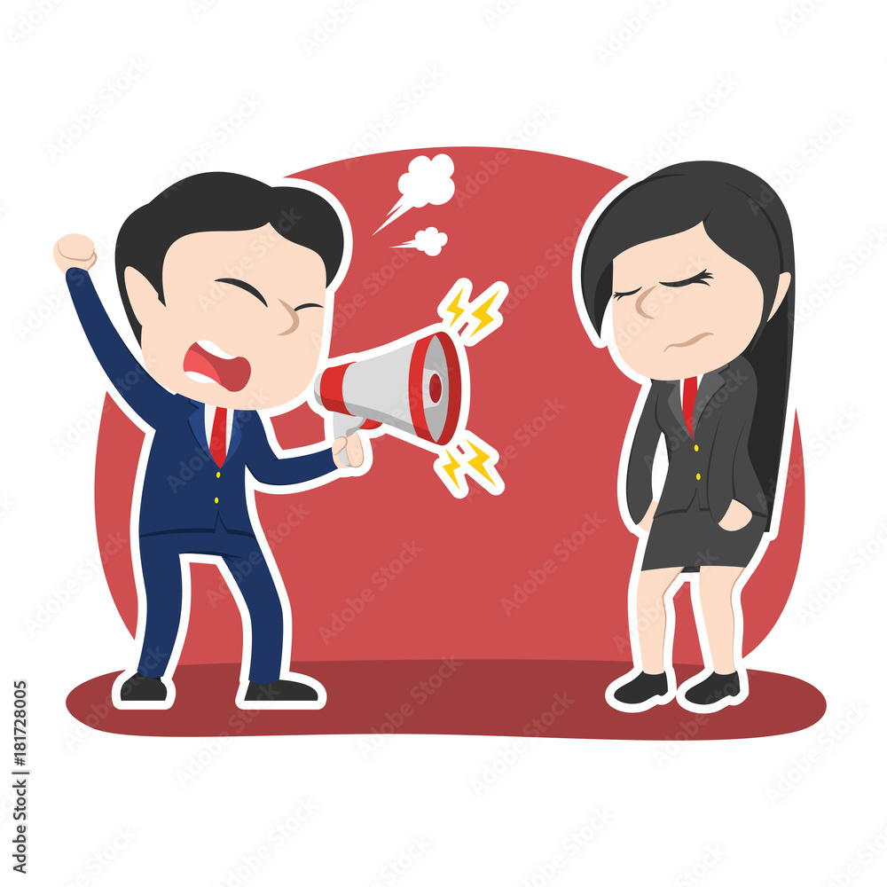 Asian businessman yelling with megaphone to his female employee– stock illustration