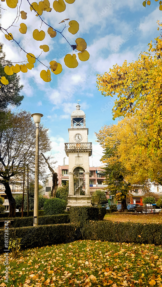 Ioannina city clock in the center of city Epirus Greece, autumn