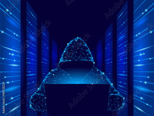 Internet security cyber attack business concept low poly. Anonymous hacker at the laptop computer blue finance danger. Server room rack polygonal point line dot geometric design vector illustration