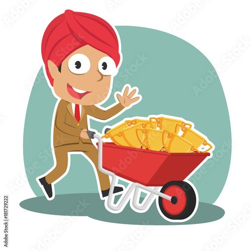 Indian businessman carrying trophies on wheelbarrow– stock illustration