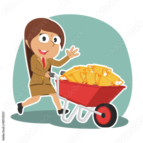 Indian businesswoman carrying trophies on wheelbarrow– stock illustration