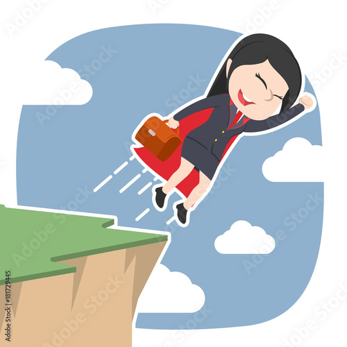 Super asian businesswoman taking flight from cliff edge– stock illustration