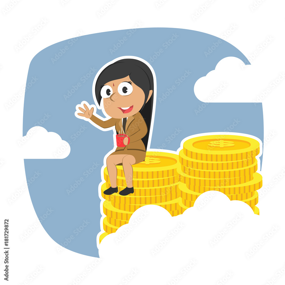 Indian businesswoman siting on pile of coins– stock illustration