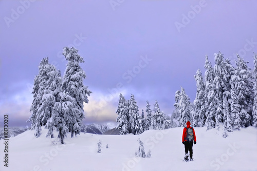 Winter snowshoe hiking in mountains. Active outdoorsman hikes to the top of a mountain range at sunset. Crater Lake National Park. Portland. Oregon. United States. © aquamarine4
