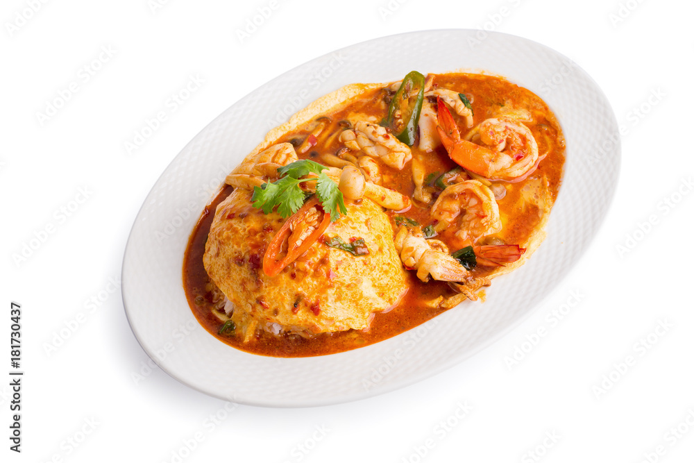 Stir Fried Seafood with Rice isolated on white background Stir Fried Seafood with Rice isolated on white background
