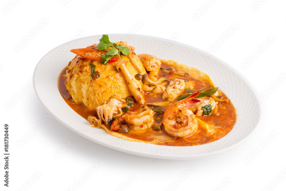 Stir Fried Seafood with Rice isolated on white background Stir Fried Seafood with Rice isolated on white background