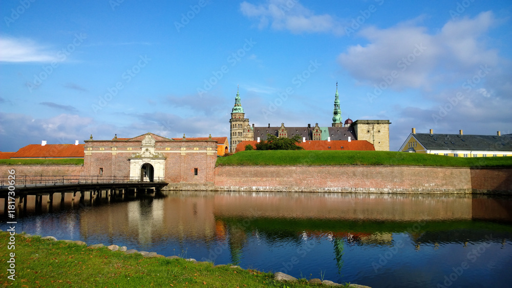 Beautiful view of the Kronborg castle - view of the entrance gate, the channel in the day time