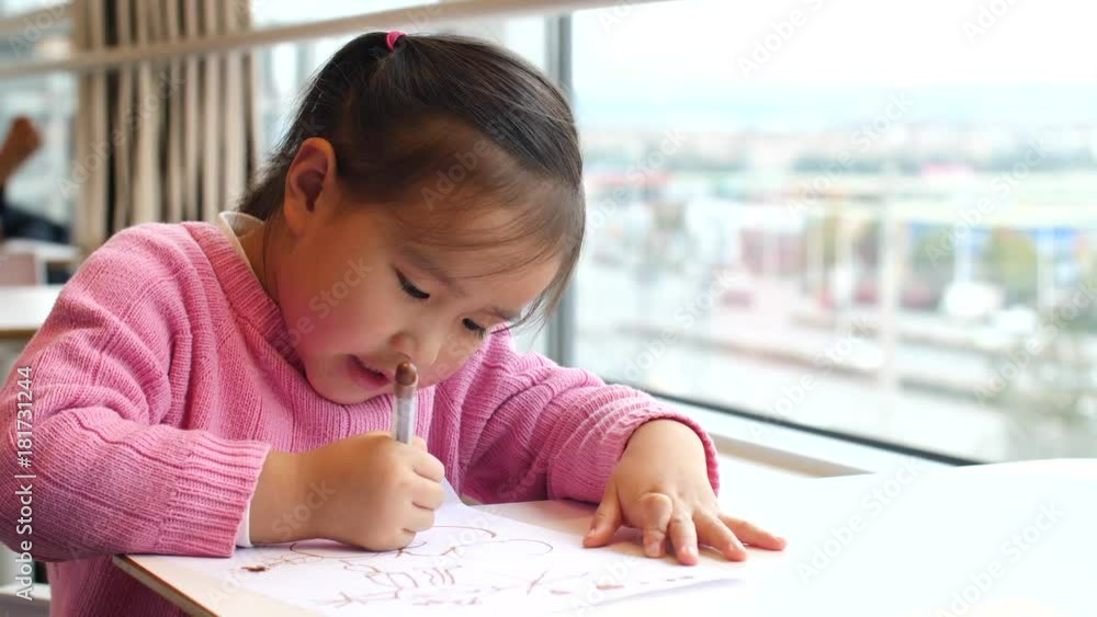 little girl doing homework study indoor by the window little girl doing homework study indoor by the window