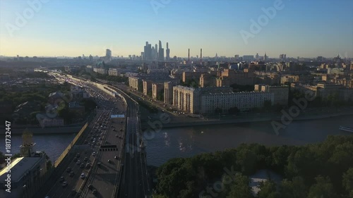 sunset sky moscow city traffic ring hamovniki district aerial panorama 4k russia
 photo