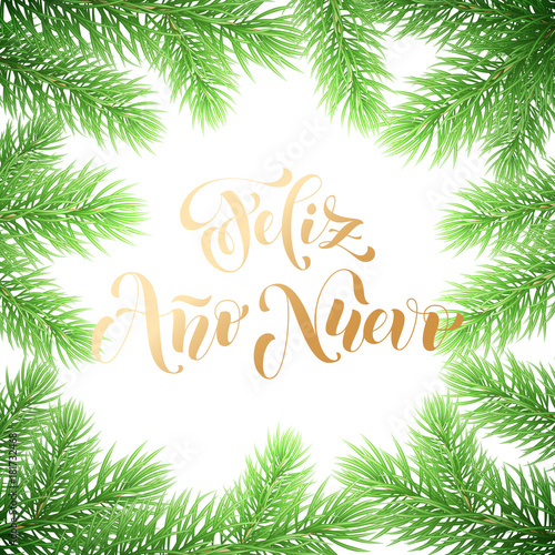 Prospero Ano Nuevo Spanish Happy New Year golden calligraphy hand drawn text on fir branch wreath ornament for greeting card background template. Vector Christmas golden text and premium white design