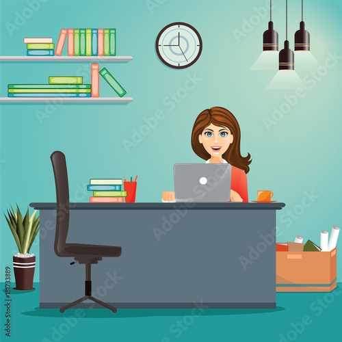 Business concept - woman working at her office desk. Vector flat illustration. Office workplace. 