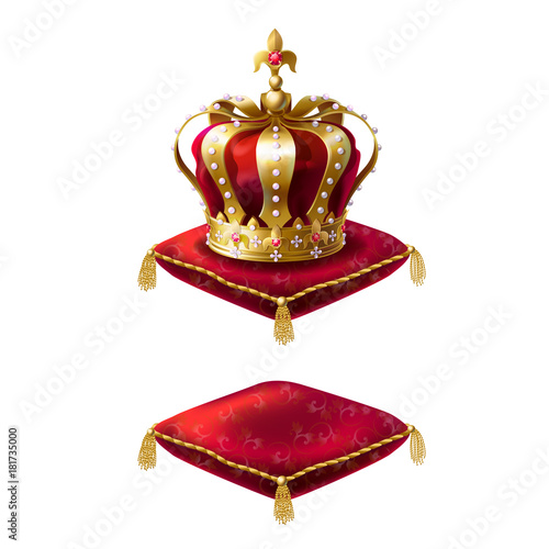 Royal golden crown with jewels on red velvet pillow, set of vector realistic icons isolated on white background. Heraldic elements, monarchic symbols