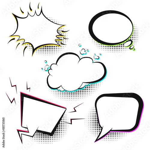 Set of white vector retro comic speech bubbles with color shadow on halftone background in pop art style. Black outline blank balloons for comics book or advertising superhero text, web design