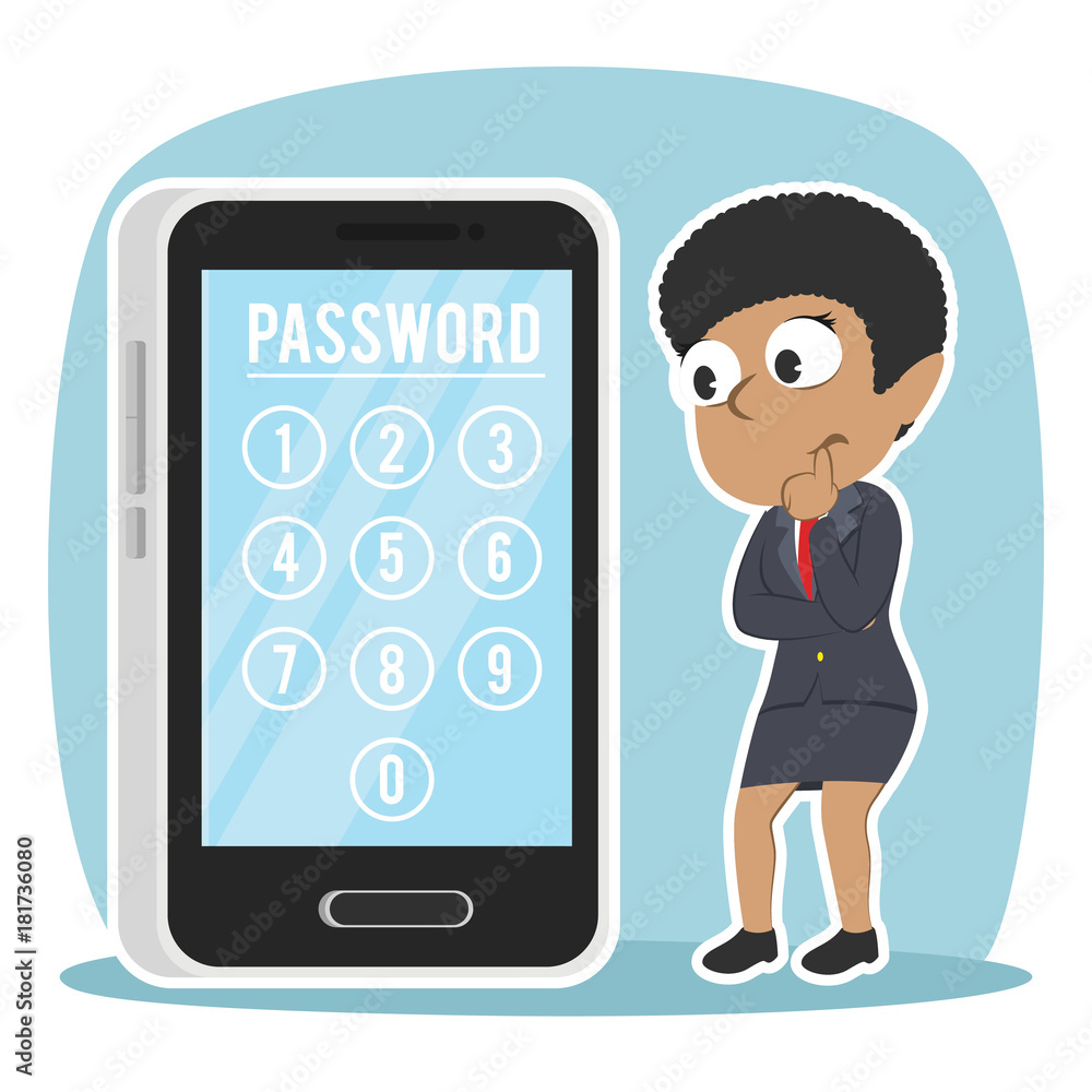 African businesswoman thinking about smartphone password– stock illustration