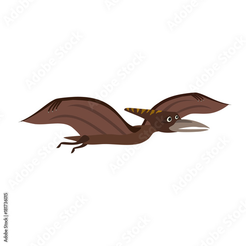 Flat cartoon brown stylized pterodactyl dinosaur, pterosaur character. Vector isolated dinosaur illustration for kids book, app, stickers, advertising design