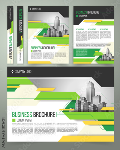 Vector flyer, cover design of the companys annual business report, magazine page, presentation template with green elements and black white buildings. Advertising brochure of the real estate agency