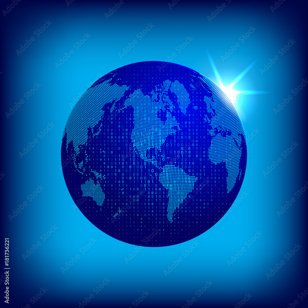Vector dotted world map with dual code covering. Tecnology concept illustration. Earth globe with dotted continents on blue space background. Vector dotted world map with dual code covering. Tecnology concept illustration. Earth globe with dotted continents on blue space background.