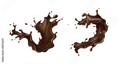 Hot chocolate, cacao or coffee splash set realistic vector illustration isolated on blue background. Appetizing liquid dessert product splashing design element for sweet beverage or drink ad