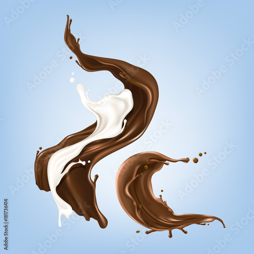 Hot chocolate with milk, cacao or coffee splash realistic vector illustration isolated on blue background. Appetizing liquid dessert product splashing design element for sweet beverage or drink ad