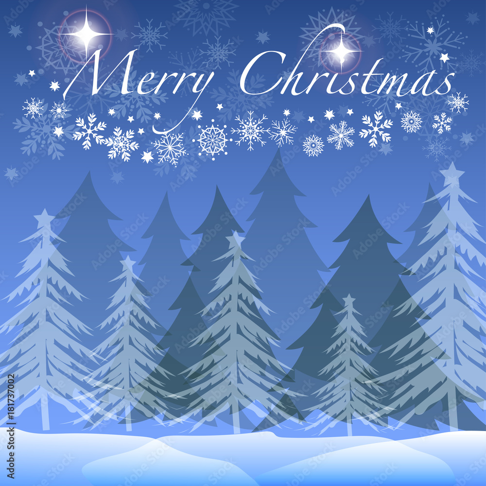 Christmas tree in winter forest vector and illustration with snowball, snowflake, shiny stars on blue sky background with Merry Christmas words for Winter, Christmas, and New year concept