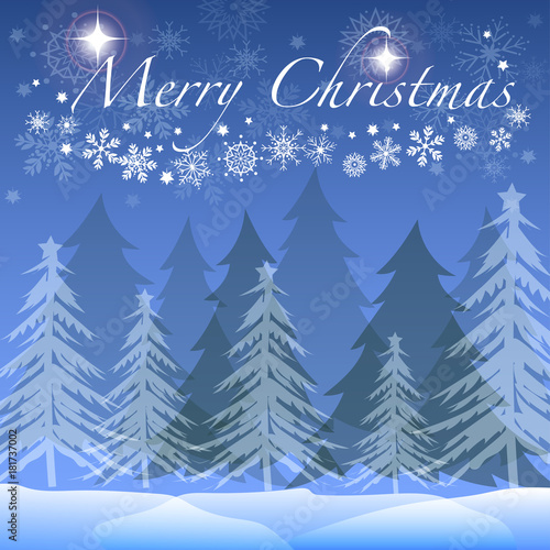 Christmas tree in winter forest vector and illustration with snowball, snowflake, shiny stars on blue sky background with Merry Christmas words for Winter, Christmas, and New year concept
