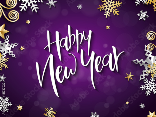 Vector illustration of new year party greetings card with hand lettering label - happy new year - with stars, sparkles, snowflakes and swirls