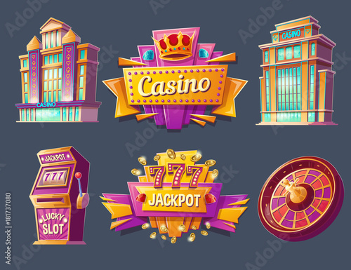 Casino buildings, signboards, gaming machine and game roulette, set of vector cartoon badges, stickers, tags. Icons for mobile app with games of chance, ad banners for gambling business