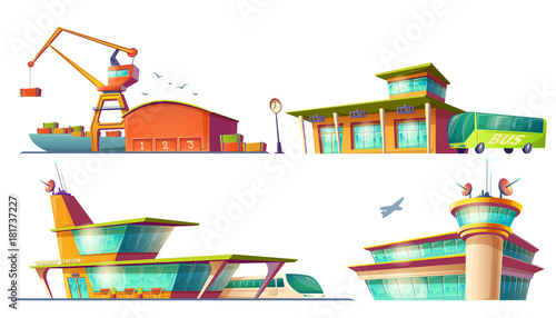Bus and train station buildings, airport, sea or river cargo port, dock, set of colored 3d cartoon icons of isolated on white background. Concept of passenger and freight traffic.