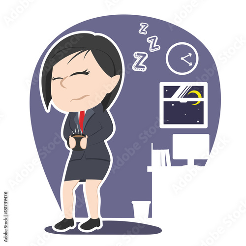 Sleepy asian businesswoman holding cup of coffee– stock illustration