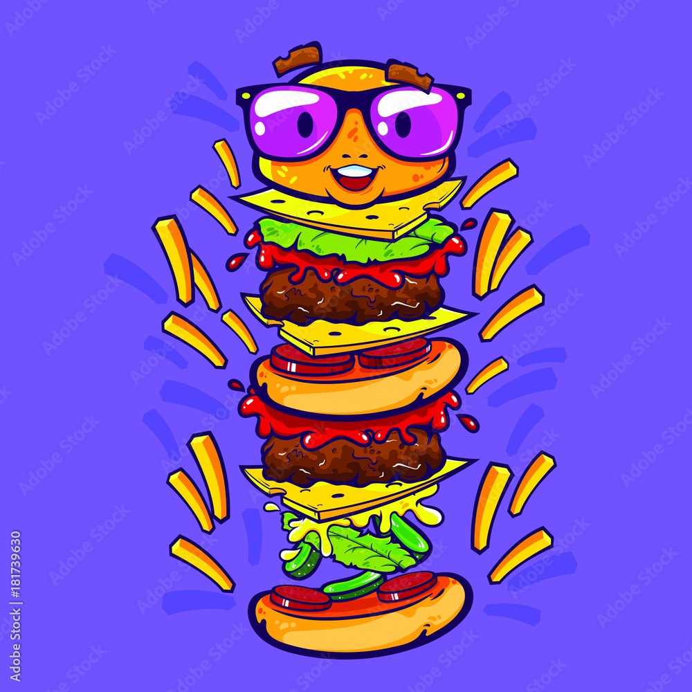 Cartoon character of double cheeseburger with pink eyeglasses and flying fries potatoes, vector illustration isolated on white background