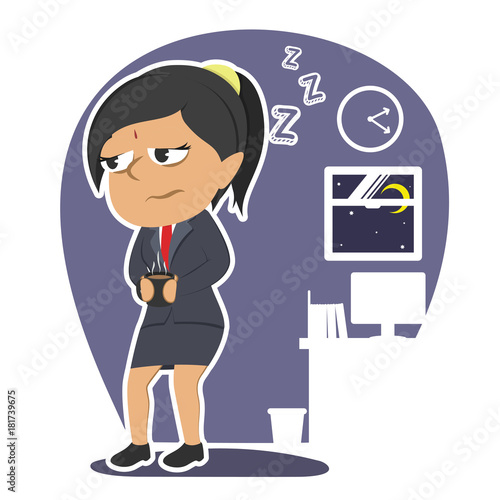 Sleepy indian businesswoman holding cup of coffee– stock illustration