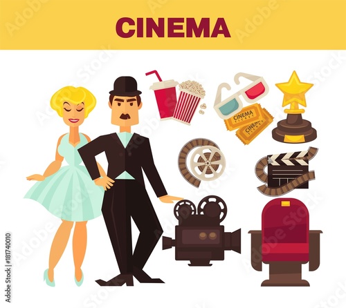 Retro cinema movie cinematography poster of actors and cinematograph equipment.