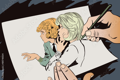 Two girls are talking.  Stock illustration.