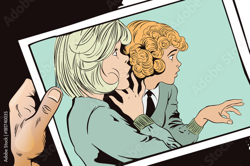 Two girls are talking.  Stock illustration.