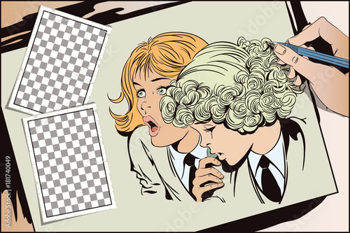 Two girls are talking.  Stock illustration.