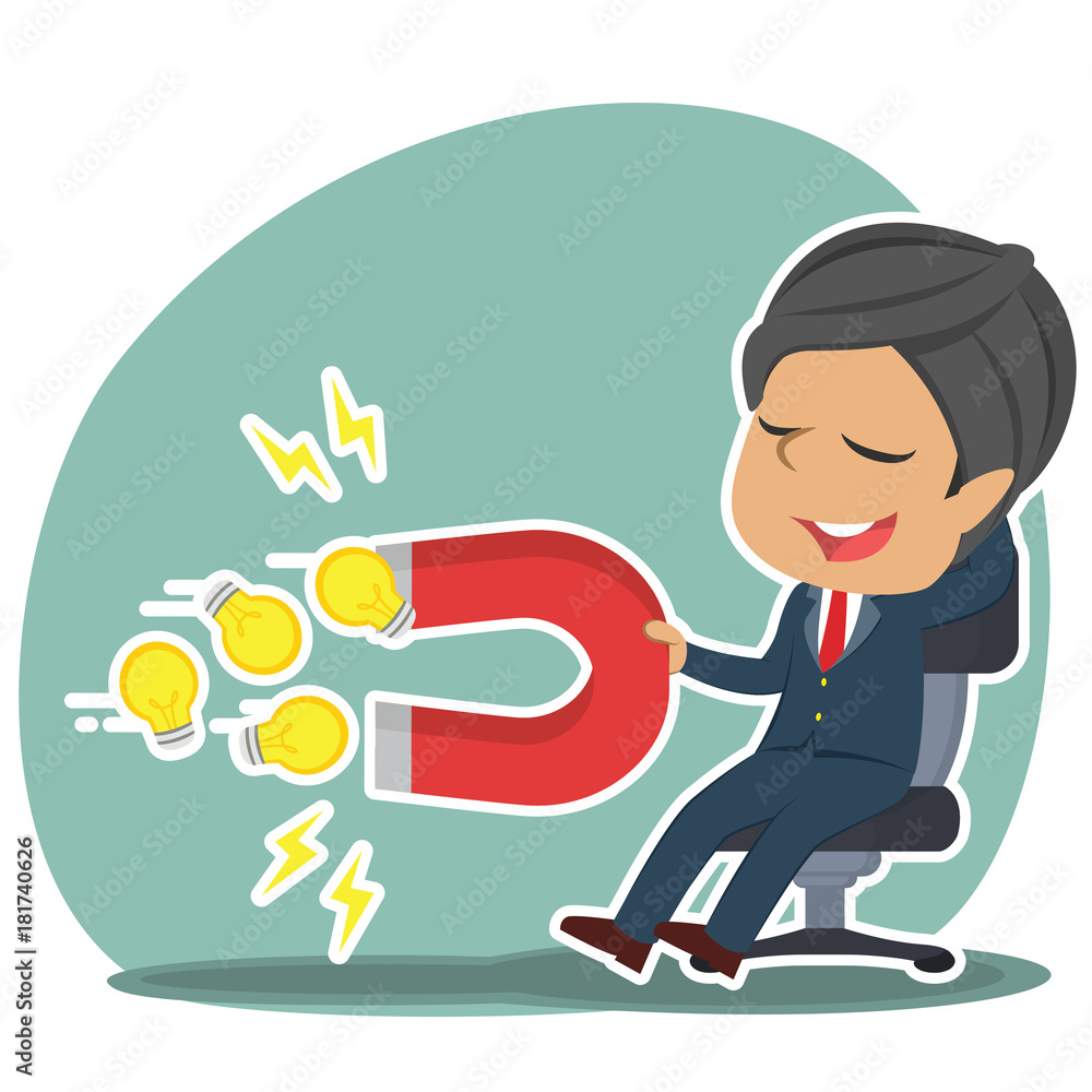 Indian businessman relaxing using magnet to attract ideas– stock illustration