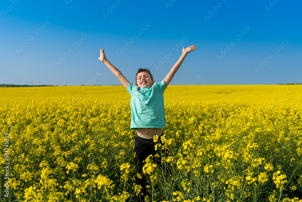 Positive young boy jumping in yellow rapeseed field. Happiness, sunshine, yellow flowers and blue sky Positive young boy jumping in yellow rapeseed field. Happiness, sunshine, yellow flowers and blue sky