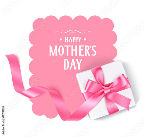 Happy Mothers Day. Vector template with gift box, pink bow and long ribbon. Holiday decoration