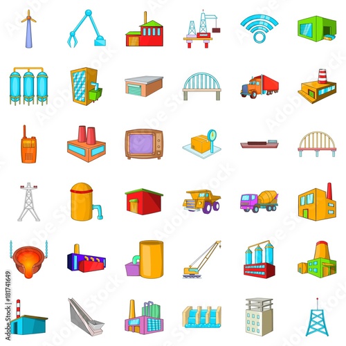 Factory icons set, cartoon style