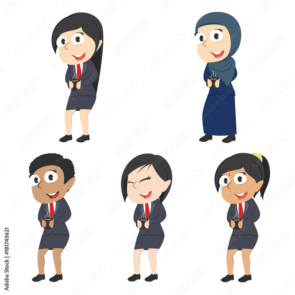 Businesswoman holding cup of coffee different race set– stock illustrat