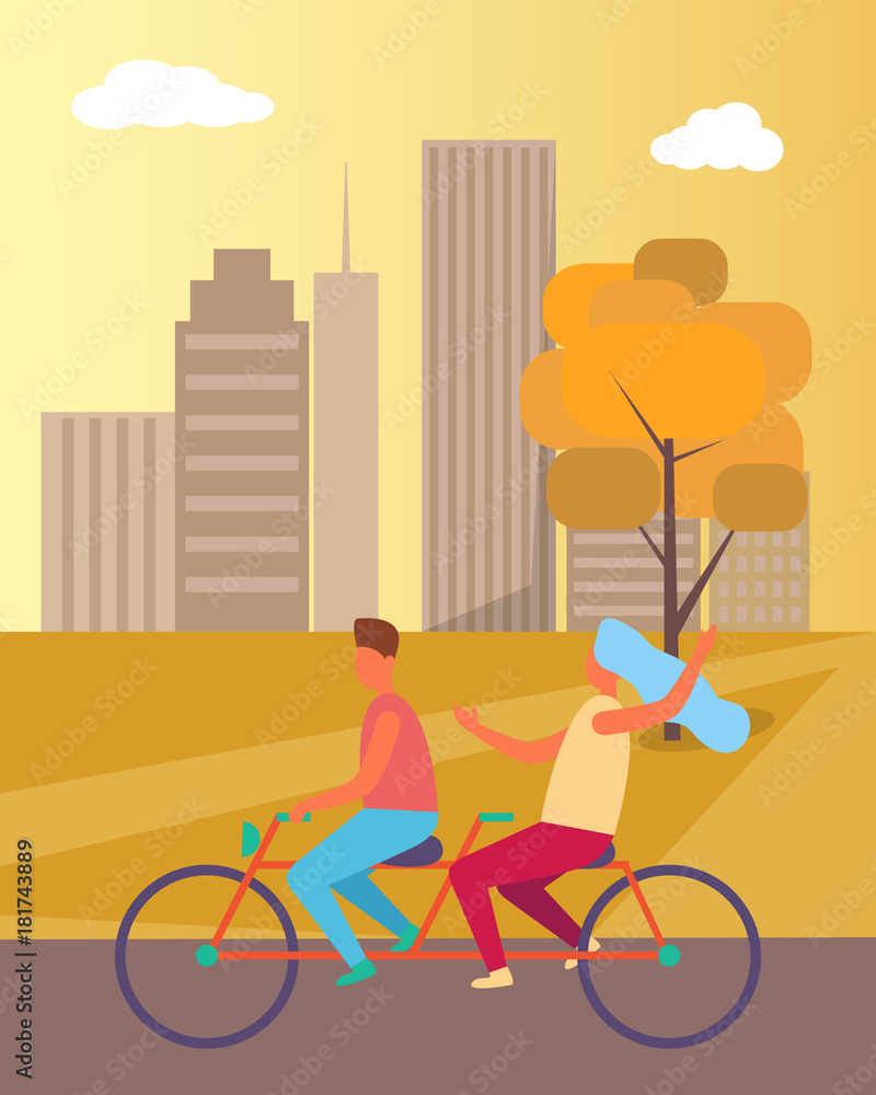 Fototapeta premium Couple Riding Bicycle in Park Vector Illustration